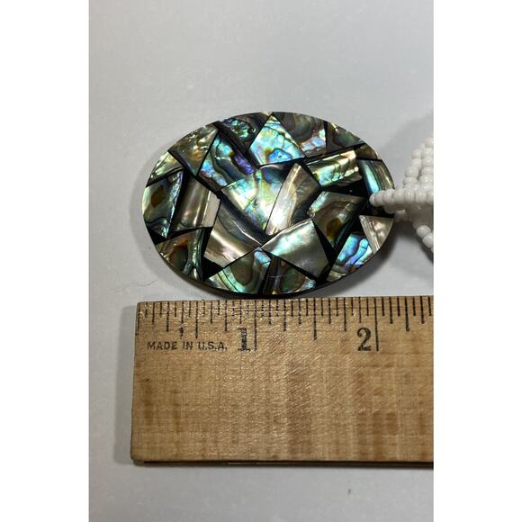 4 Strand White Seed Bead Necklace w Large Oval Abalone Pendant Beach Mermaid - Picture 3 of 9